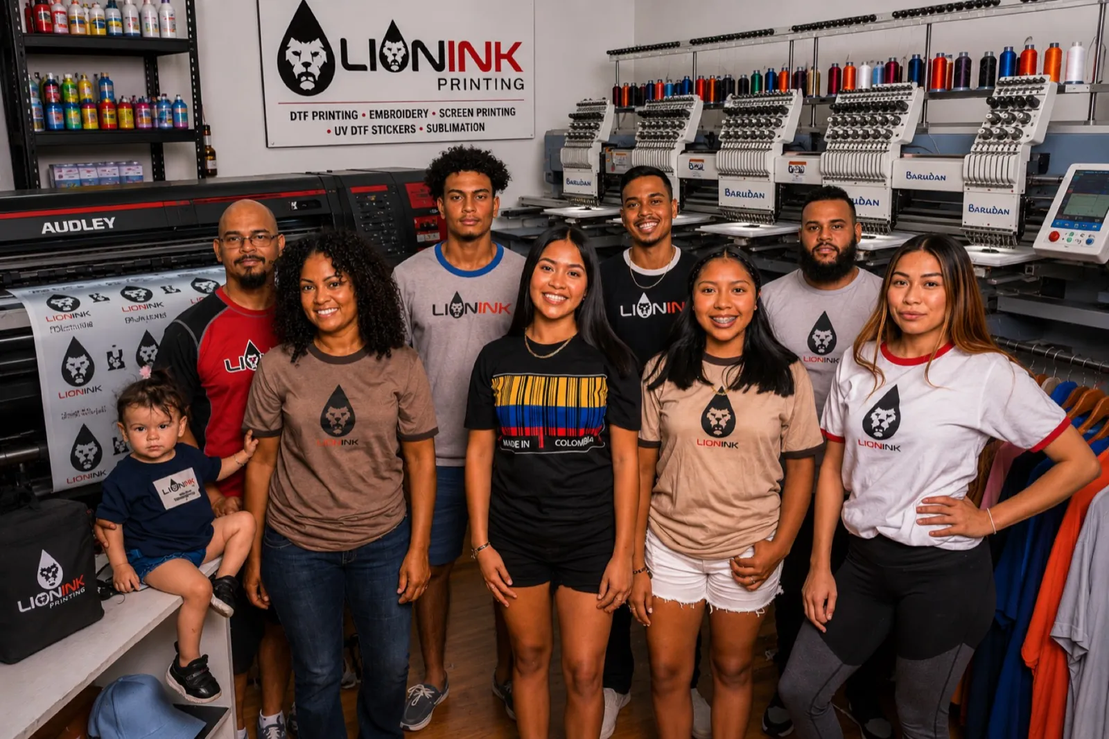 The Lion Ink Print family team in their West Palm Beach shop, in front of their embroidery machines and DTF printer