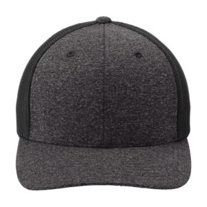 Port Authority Flexfit Melange Mesh Back Trucker Cap, Black/ Dark Charcoal Heather, front view
