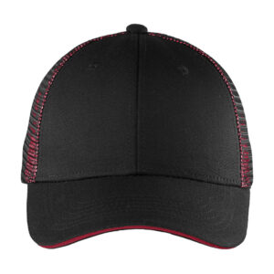 Port Authority Double Mesh Snapback Sandwich Bill Cap, Black/ Red, front view