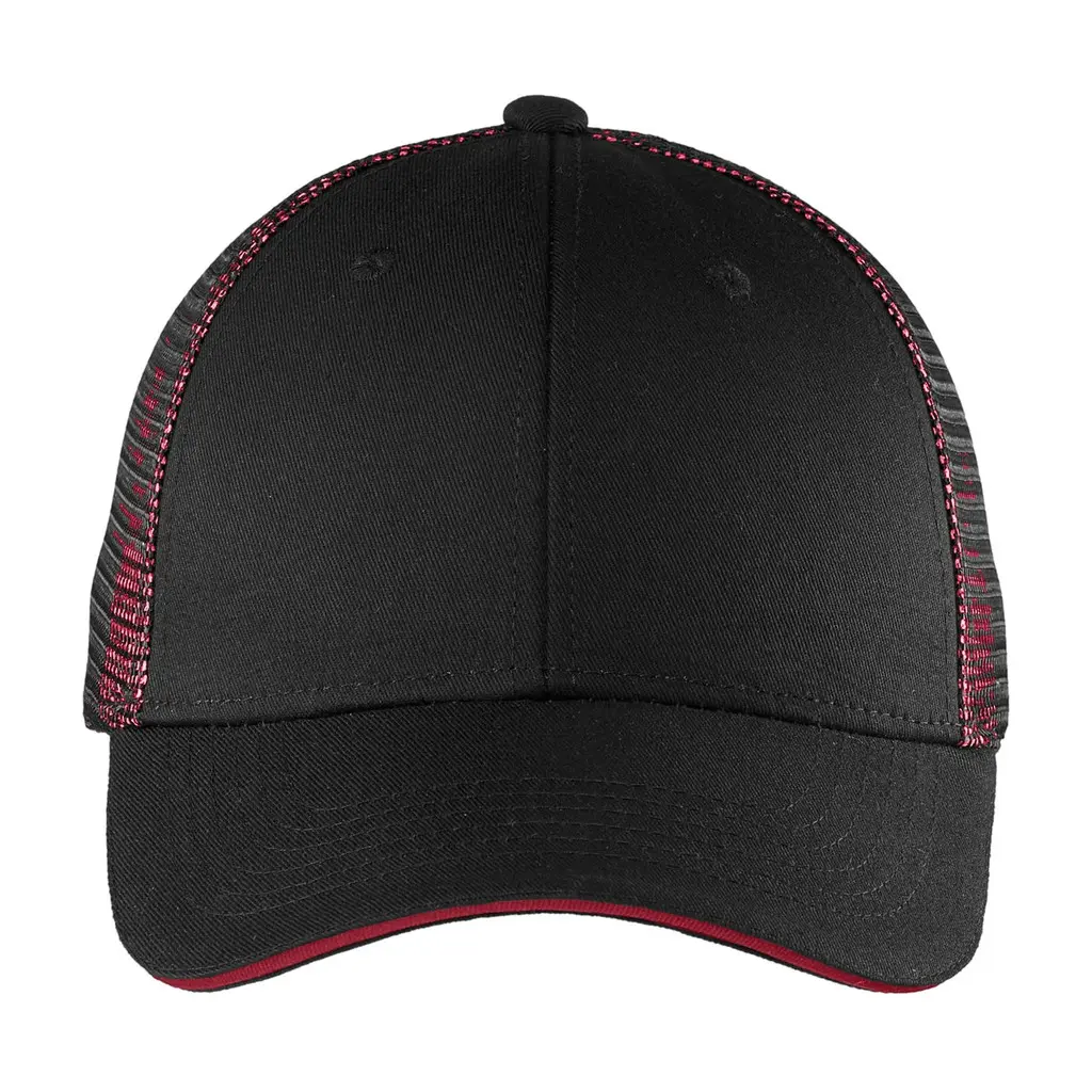 Port Authority Double Mesh Snapback Sandwich Bill Cap, Black/ Red, front view