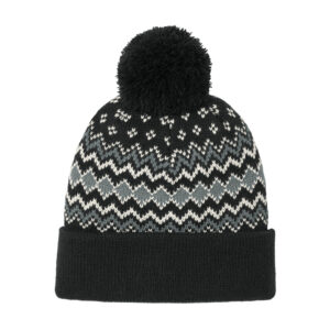 Port Authority Alpine Pom Beanie, Deep Black/ Gusty Grey/ Marshmallow, front view