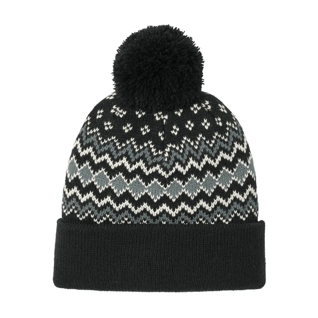 Port Authority Alpine Pom Beanie, Deep Black/ Gusty Grey/ Marshmallow, front view