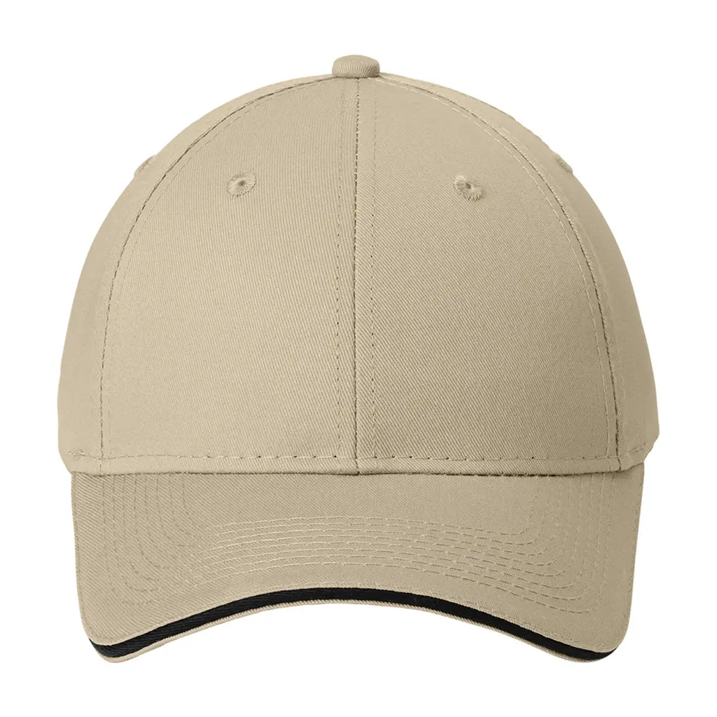Port Authority Cotton Twill Sandwich Bill Cap, Stone/ Black, front view