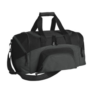Port Authority Small Colorblock Sport Duffel, Black/ Dark Charcoal, front view