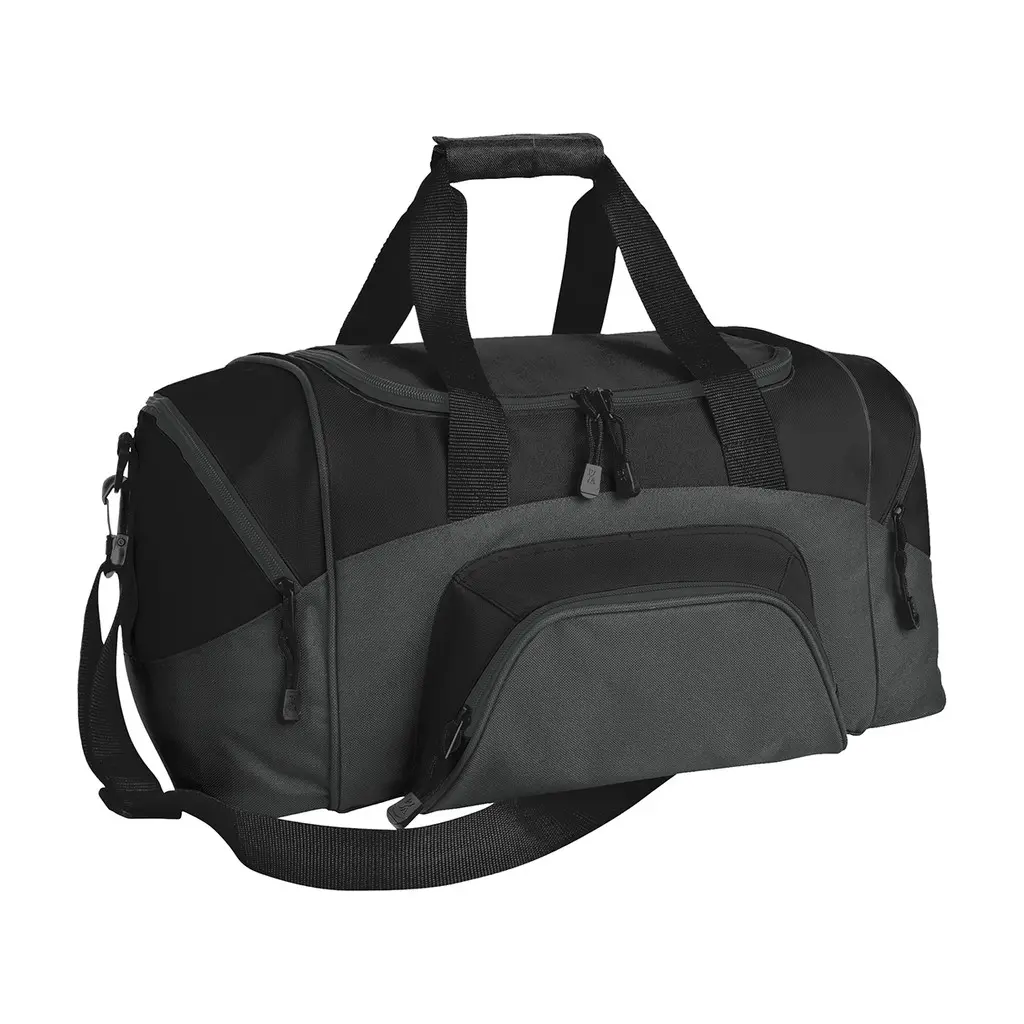 Port Authority Small Colorblock Sport Duffel, Black/ Dark Charcoal, front view