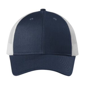 Port Authority Low-Profile Snapback Trucker Cap, Dress Blue Navy Heather/ Silver Mist, front view