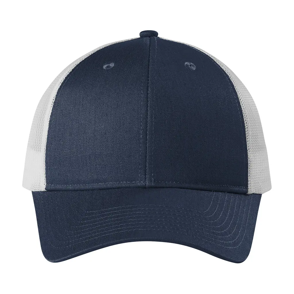 Port Authority Low-Profile Snapback Trucker Cap, Dress Blue Navy Heather/ Silver Mist, front view