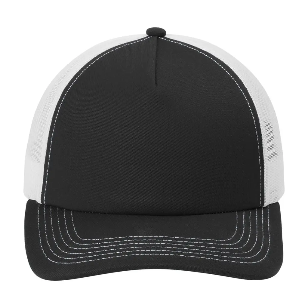 Port Authority Low-Profile Snapback 5-Panel Trucker Cap, Black/ White, front view