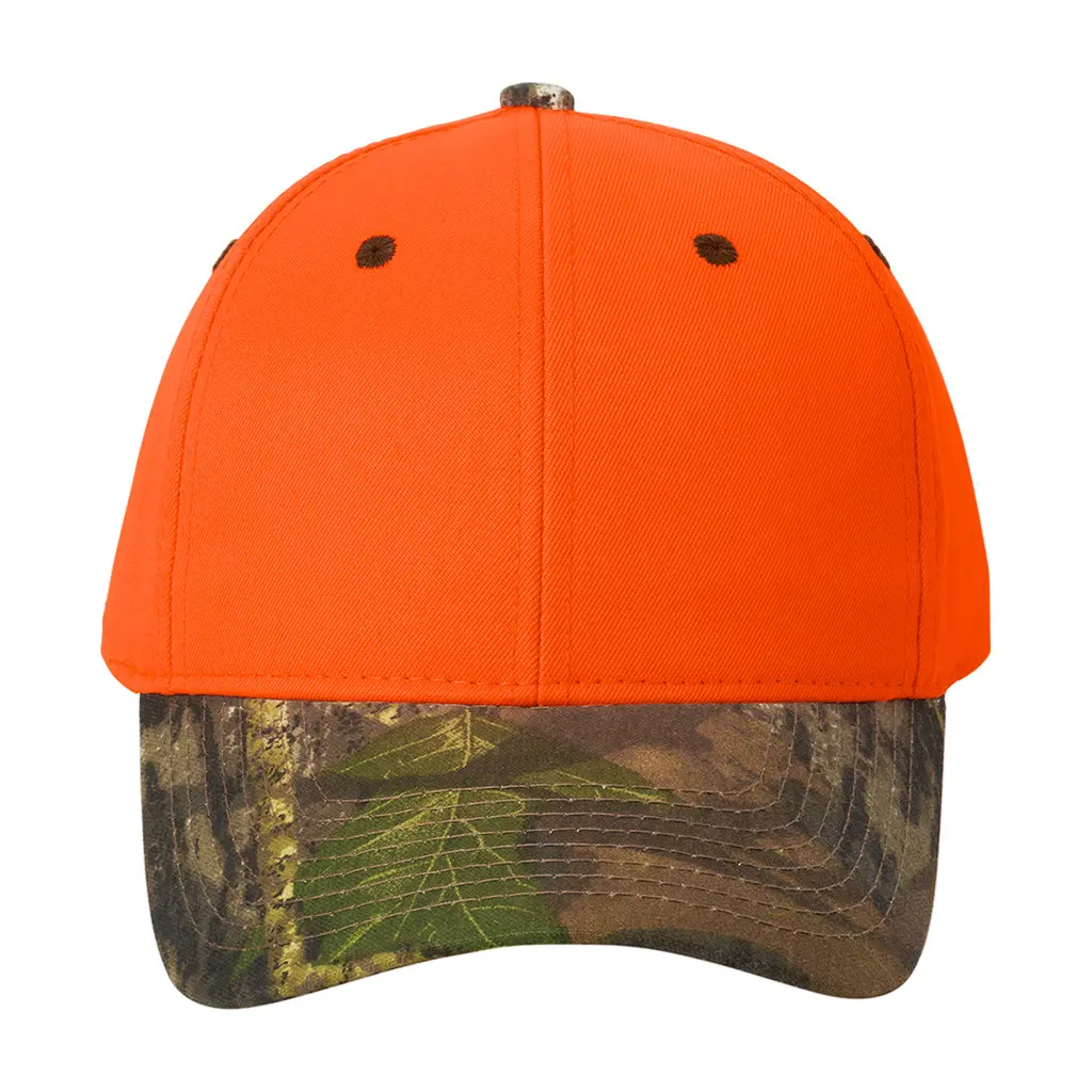 Port Authority Enhanced Visibility Cap with Camo Brim, Orange Blaze/ Mossy Oak New Break-Up, front view