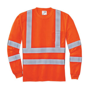 CornerStone ANSI 107 Class 3 Long Sleeve Snag-Resistant Reflective T-Shirt, Safety Orange, front view