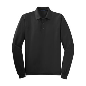 Port Authority Silk Touch Long Sleeve Polo, Black, front view