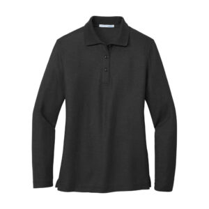 Port Authority Women's Silk Touch Long Sleeve Polo, Black, front view