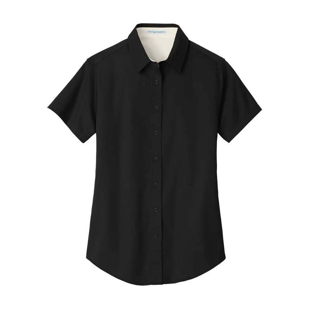 Port Authority Women's Short Sleeve Easy Care Shirt, Black/ Light Stone, front view
