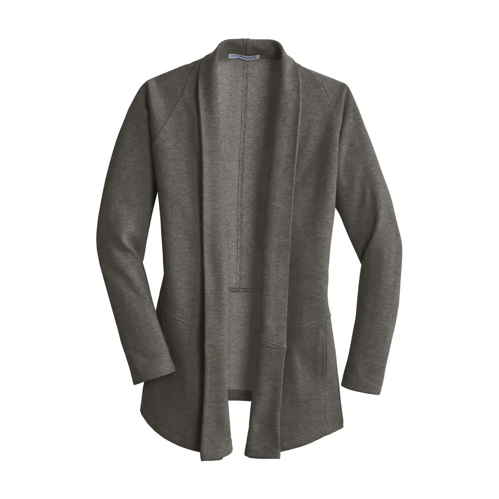Port Authority Women's Interlock Cardigan, Charcoal Heather/ Medium Heather Grey, front view