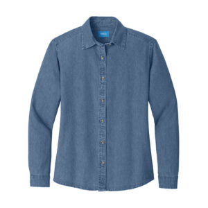 Port & Co Women's Long Sleeve Value Denim Shirt, Faded Blue, front view