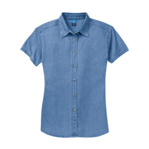 Port & Co Women's Short Sleeve Value Denim Shirt, Faded Blue, front view