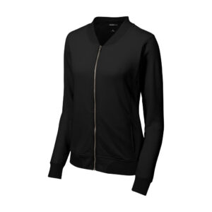 Sport-Tek Women's Lightweight French Terry Bomber, Black, front view