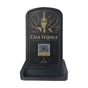 3D printed NFC and QR smart stand, front, sample made for a restaurant