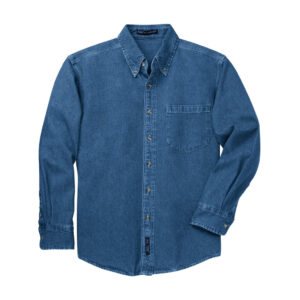 Port Authority Heavyweight Denim Shirt, Dark Blue Stonewashed, front view