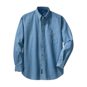 Port & Co Long Sleeve Value Denim Shirt, Faded Blue, front view