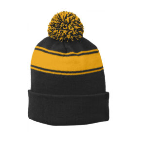 Sport-Tek Stripe Pom Pom Beanie, Black/ Gold, front view