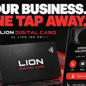 Lion Digital Card black NFC business card next to a phone showing a digital contact profile